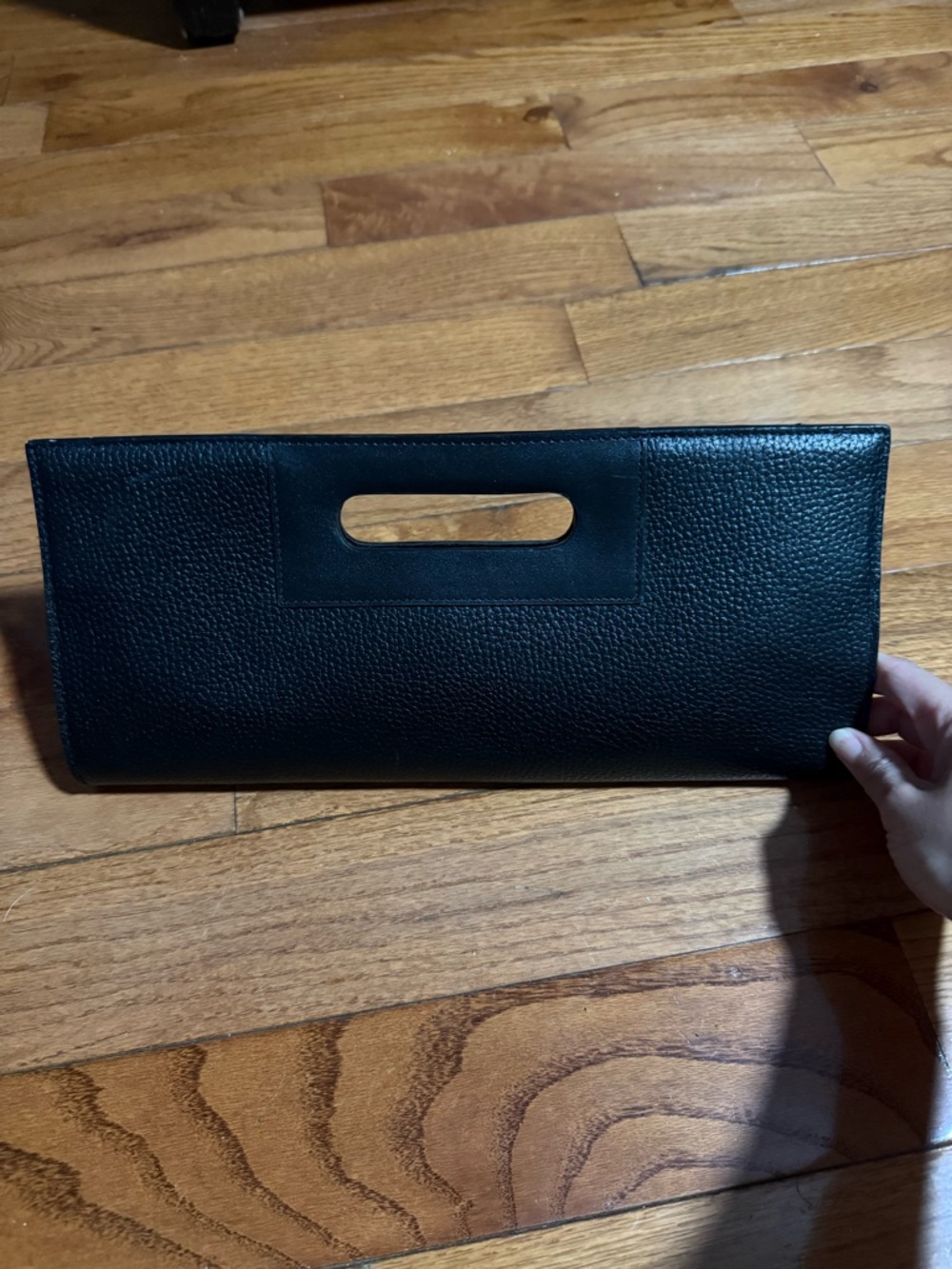 Black Textured Leather Cutout Handle Clutch
